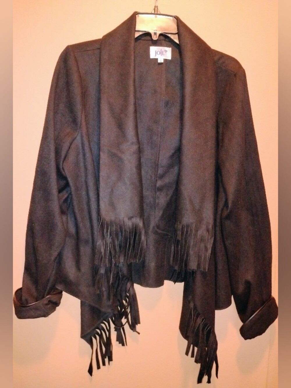 NWOT! NEVER WORN. Beautiful Jolt Black  Draped Jacket With Fringe Accents.
